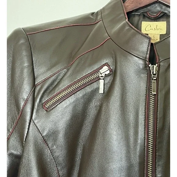 Chocolate Brown Butter Soft Moto Leather Jacket Women's Small Raspberry Trim Y2K - Picture 2 of 7